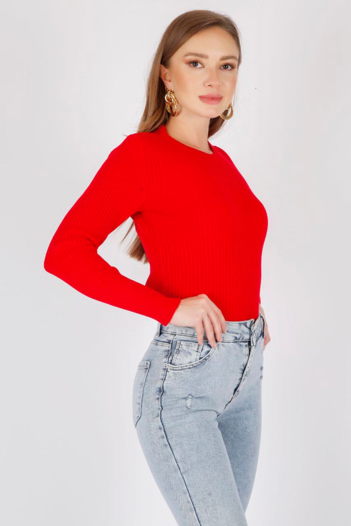 Bisiklet Yuvarlak Yaka Uzun Kollu Fitilli Düz Renk Fit Kesim Yazlık Triko Bluz
