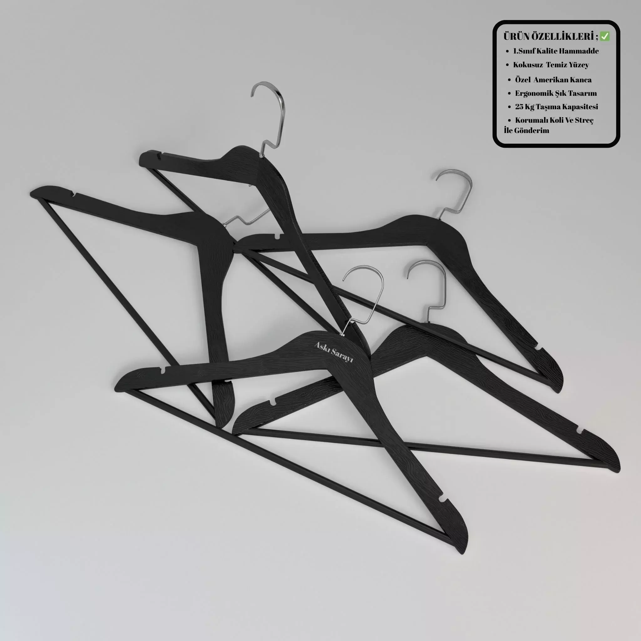 Siyah Ahşap Görünümlü Plastik Elbise Askısı Premium Özel Amerikan Kanca