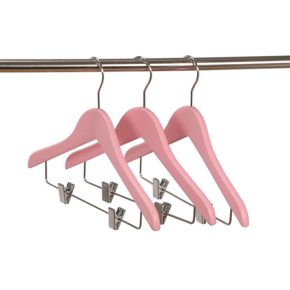 Pembe Ahşap Çocuk Ve Bebek Askısı Alttan Klipsli Takım Askısı 