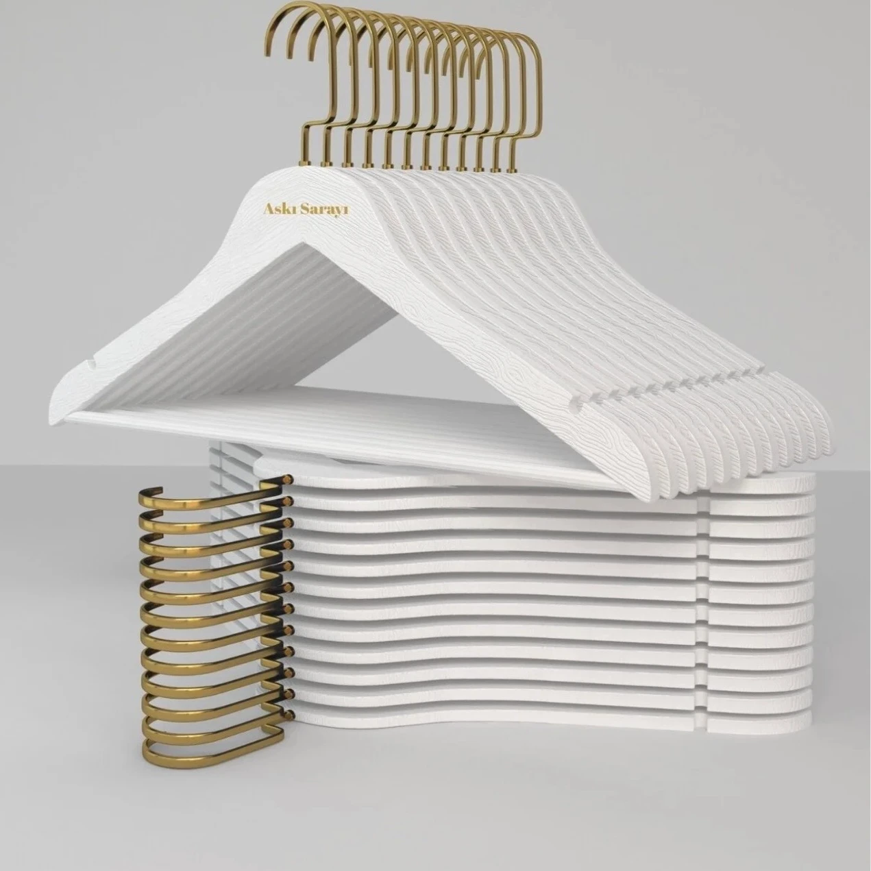 Beyaz Ahşap Görünümlü Plastik Elbise Askısı  Premium Özel Amerikan Kanca 