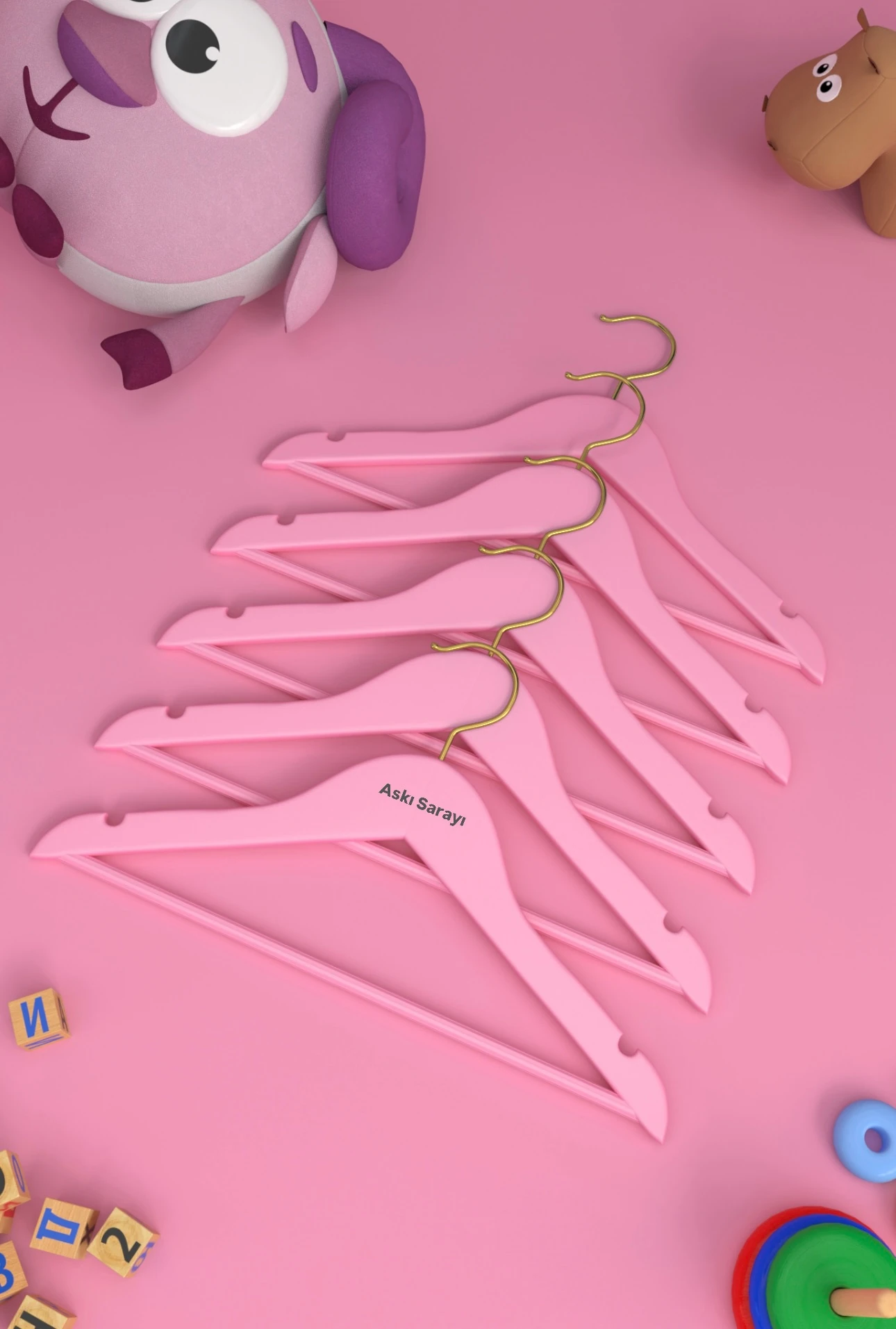 Pembe Ahşap Çocuk Ve Bebek Askısı Standart Kanca