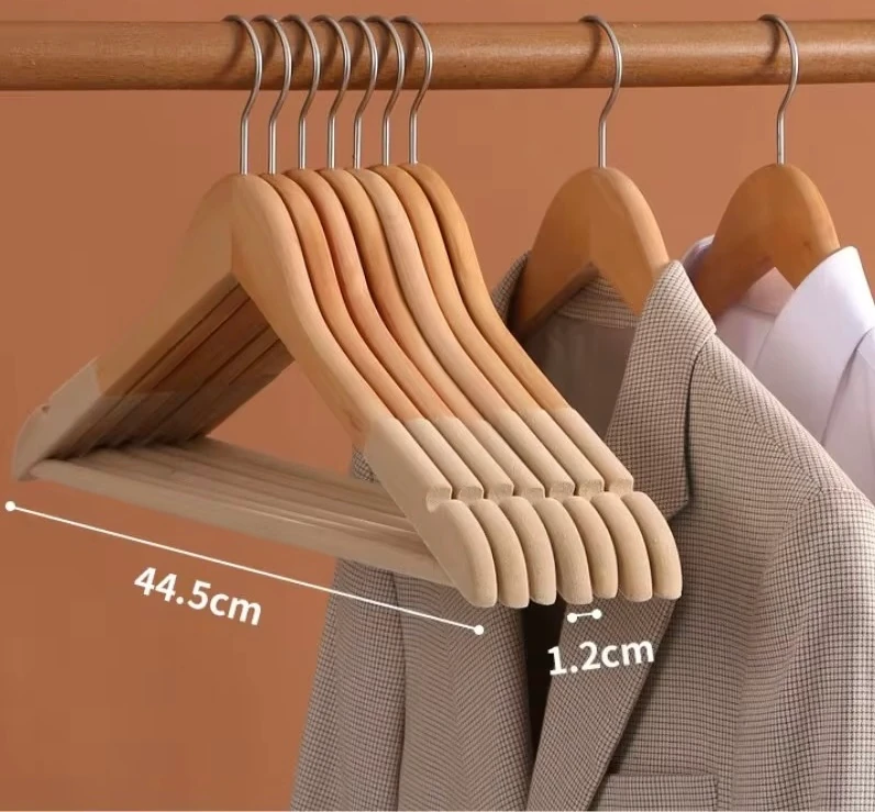 Naturel  Ahşap Kıyafet Ve Elbise Askısı Premium Özel Kadife Kaplama - BEJ