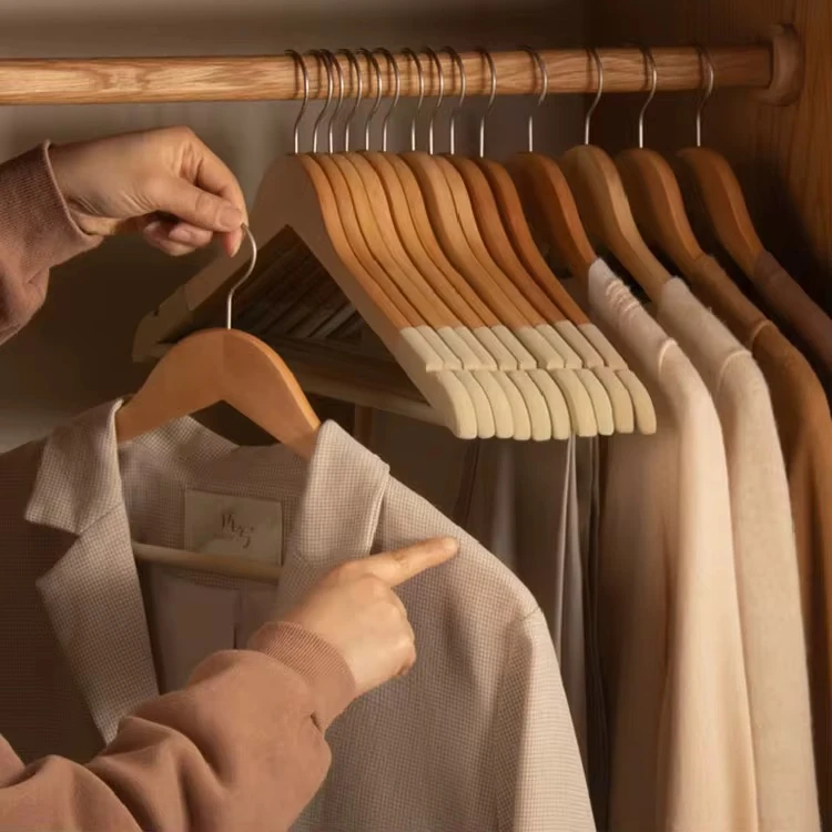 Naturel  Ahşap Kıyafet Ve Elbise Askısı Premium Özel Kadife Kaplama