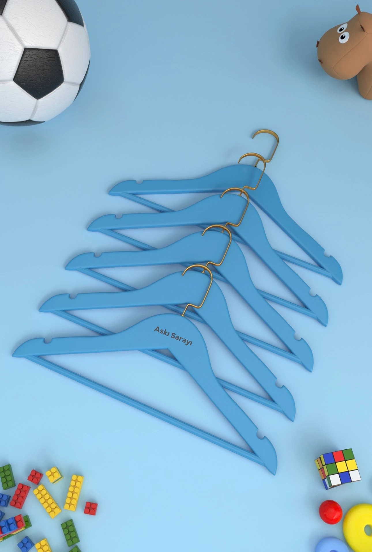 Mavi Ahşap Çocuk Ve Bebek Askısı Premium Özel Amerikan Kanca