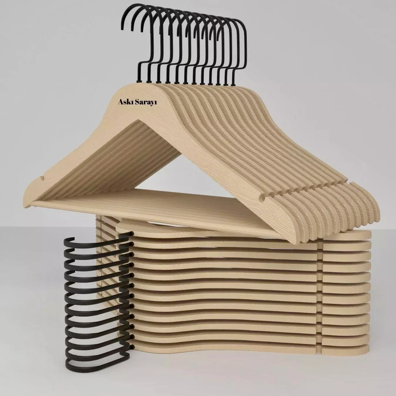 Bej Ahşap Görünümlü Plastik Elbise Askısı Premium Özel Amerikan Kanca