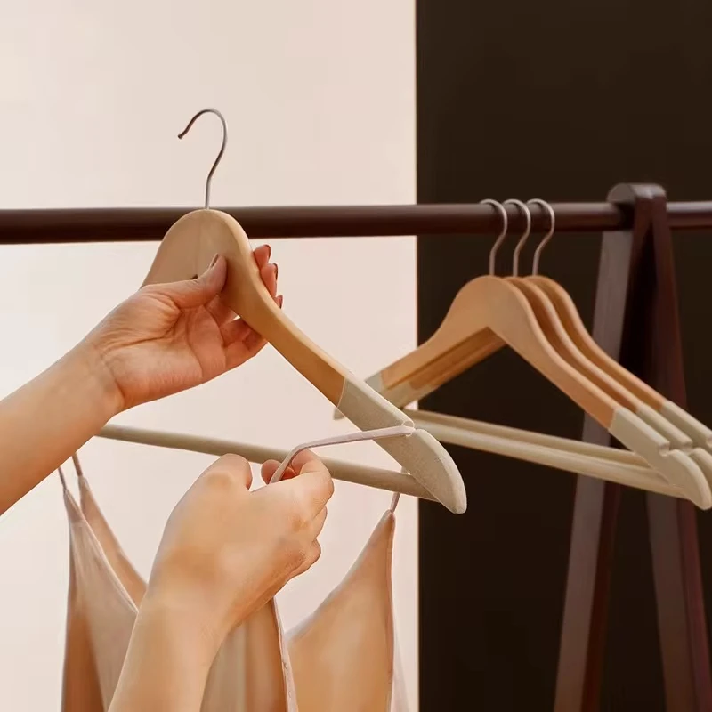 Naturel  Ahşap Kıyafet Ve Elbise Askısı Premium Özel Kadife Kaplama