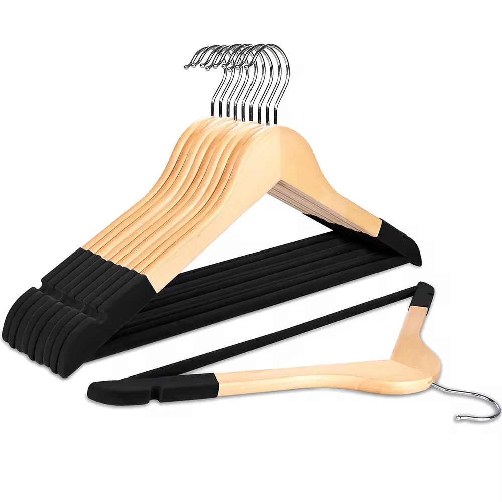 Naturel  Ahşap Kıyafet Ve Elbise Askısı Premium Özel Kadife Kaplama - SİYAH