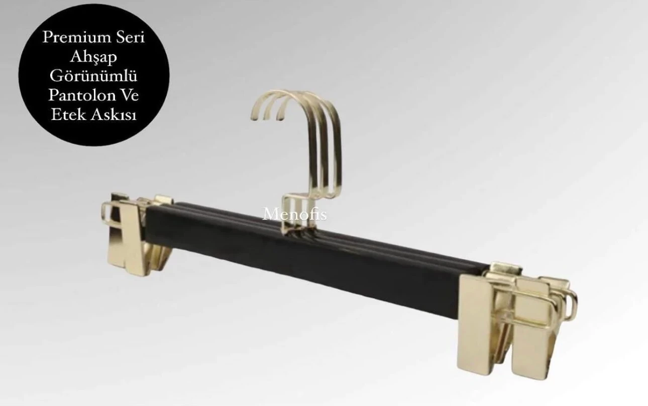 Siyah Ahşap Görünümlü Pantolon Ve Etek Askısı Premium Seri  - Gold Amerikan Kanca
