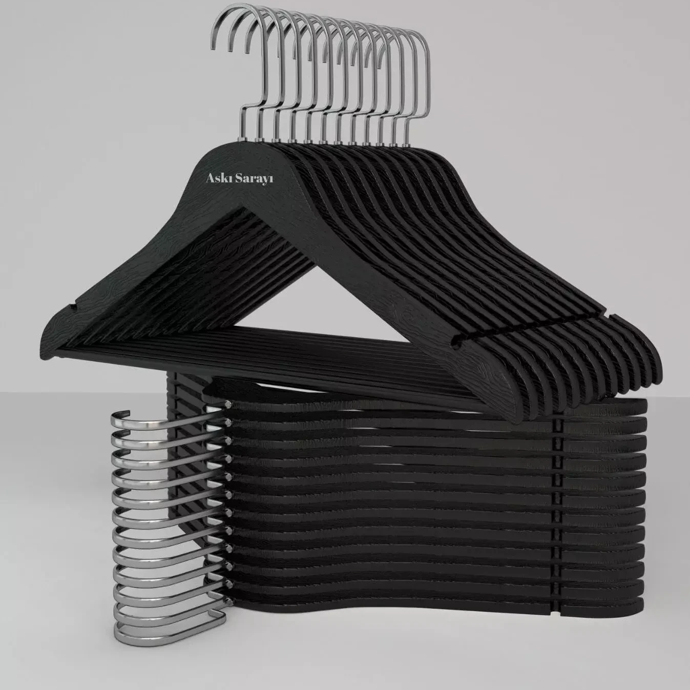 Siyah Ahşap Görünümlü Plastik Elbise Askısı Premium Özel Amerikan Kanca