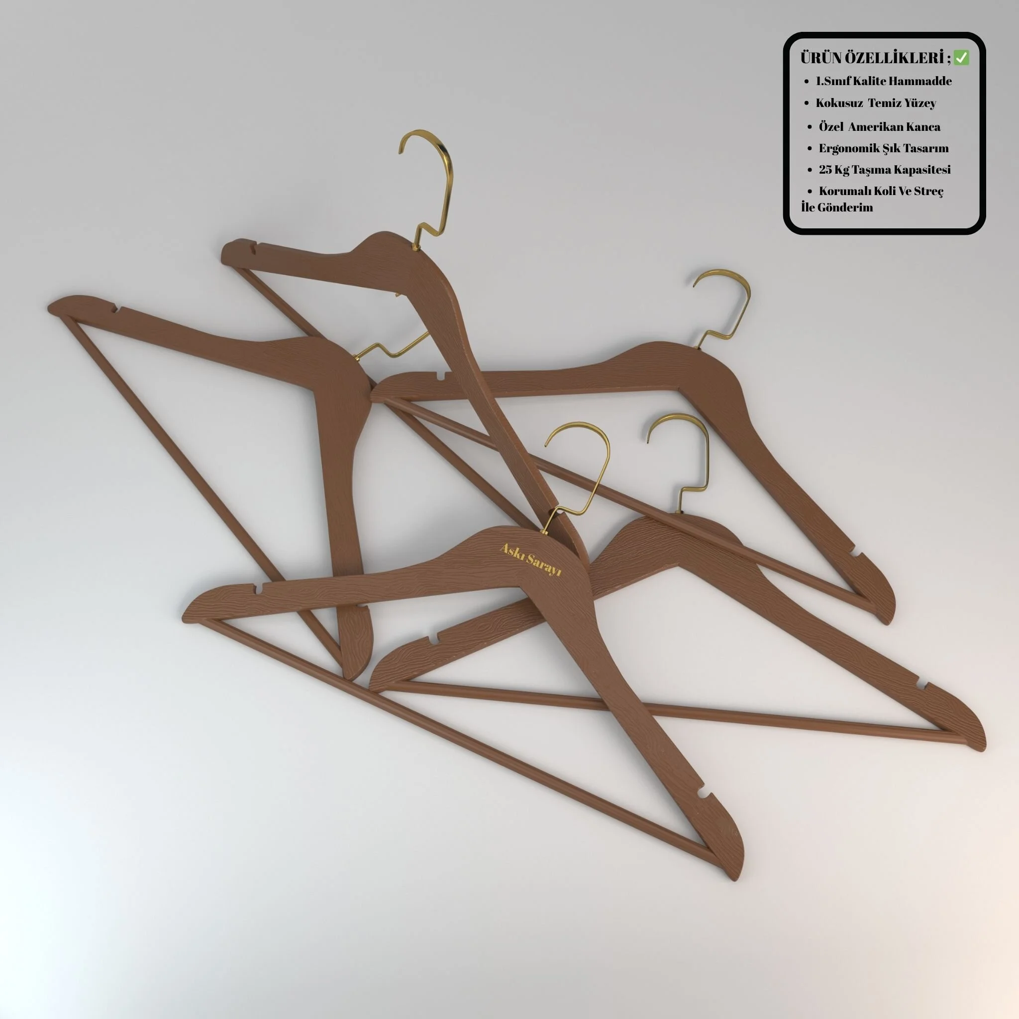 Kahverengi  Ahşap Görünümlü Plastik Elbise Askısı Premium Özel Amerikan Kanca
