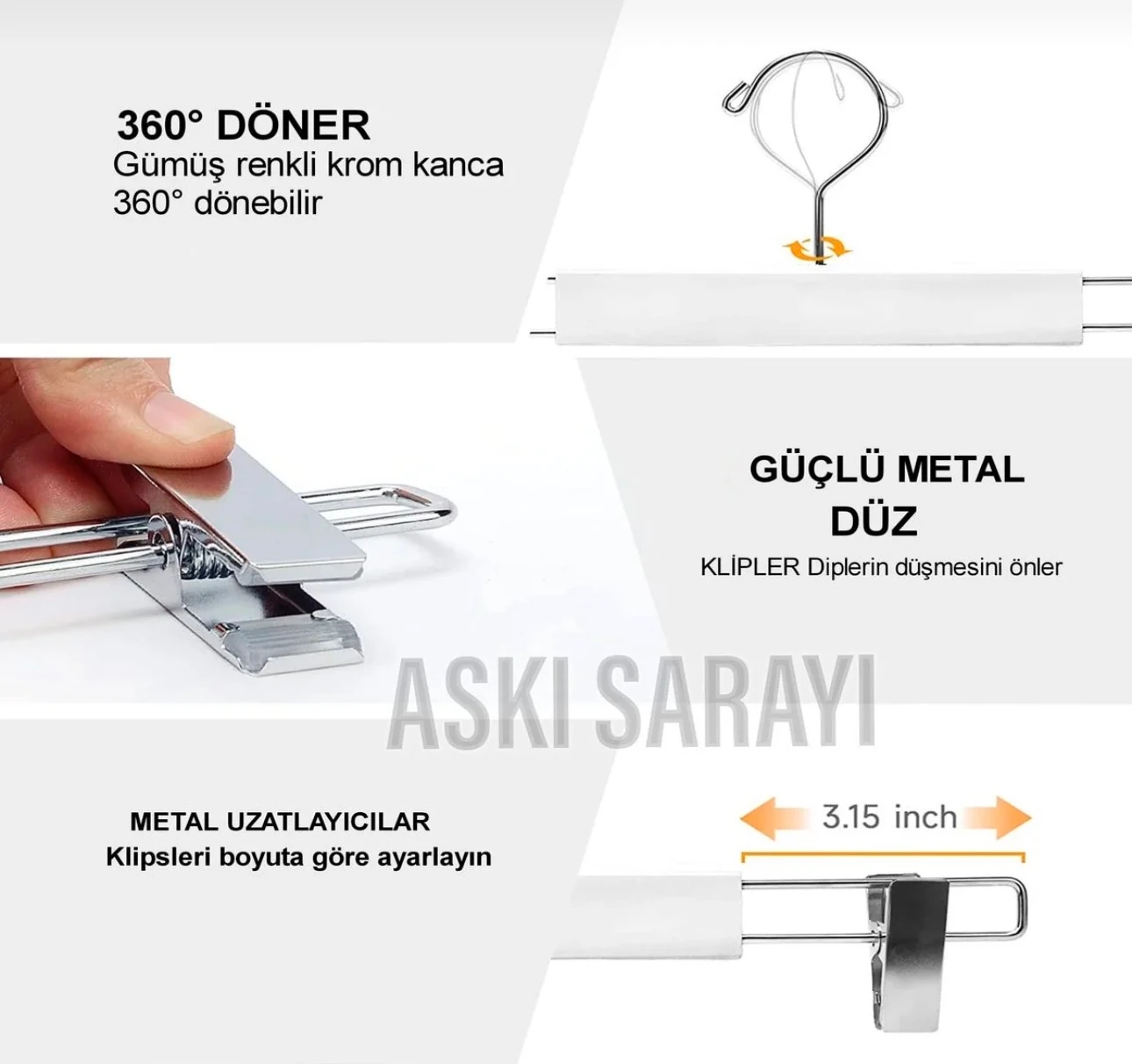 Beyaz Ahşap Çocuk ve Bebek Pantolon & Etek Askısı Gümüş Kare Mandal Standart Kanca 