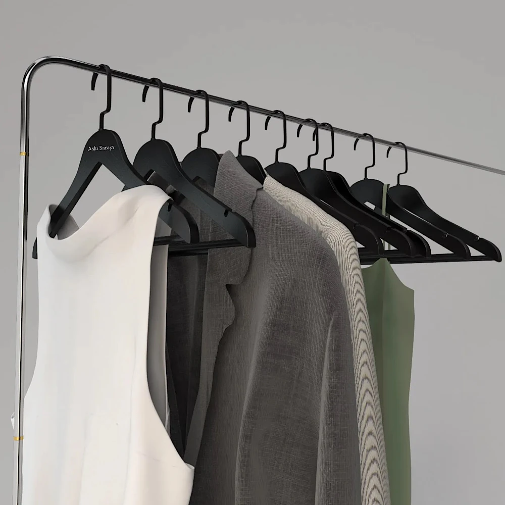 Siyah  Ahşap Kıyafet Ve Elbise Askısı Premium Özel Amerikan Kanca