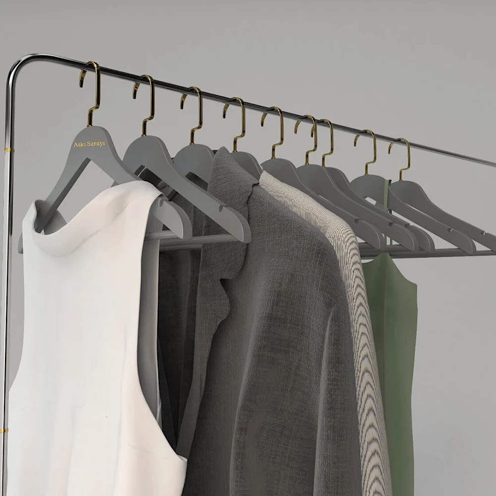 Gri  Ahşap Kıyafet Ve Elbise Askısı Premium Özel Amerikan Kanca