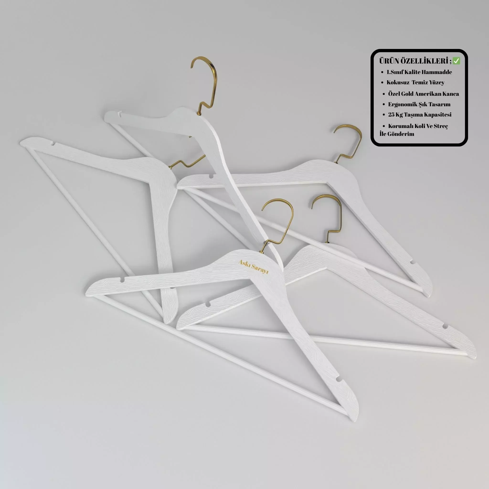 Beyaz Ahşap Görünümlü Plastik Elbise Askısı  Premium Özel Amerikan Kanca 