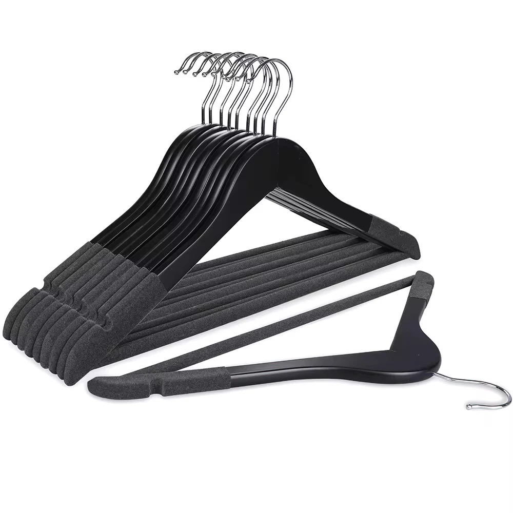 Siyah Ahşap Kıyafet Ve Elbise Askısı Premium Özel Kadife Kaplama - ANTRASİT