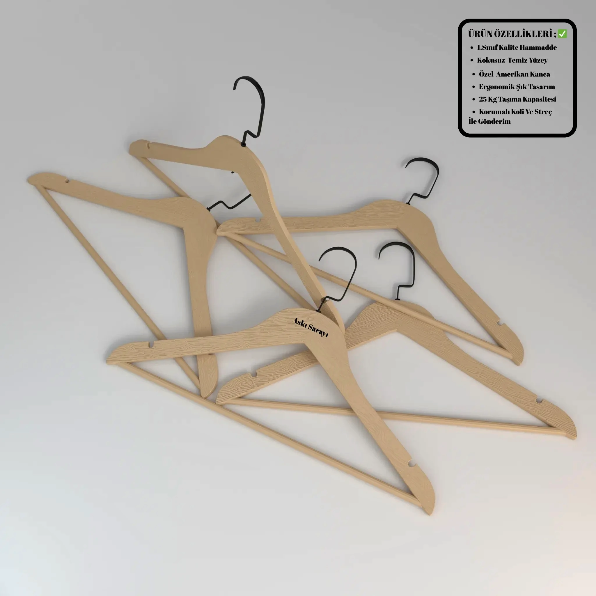 Bej Ahşap Görünümlü Plastik Elbise Askısı Premium Özel Amerikan Kanca