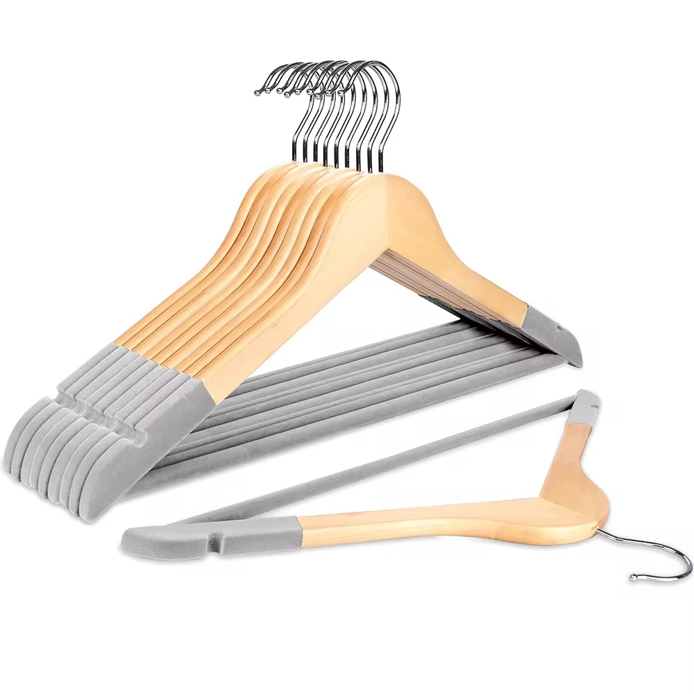 Naturel  Ahşap Kıyafet Ve Elbise Askısı Premium Özel Kadife Kaplama - ANTRASİT