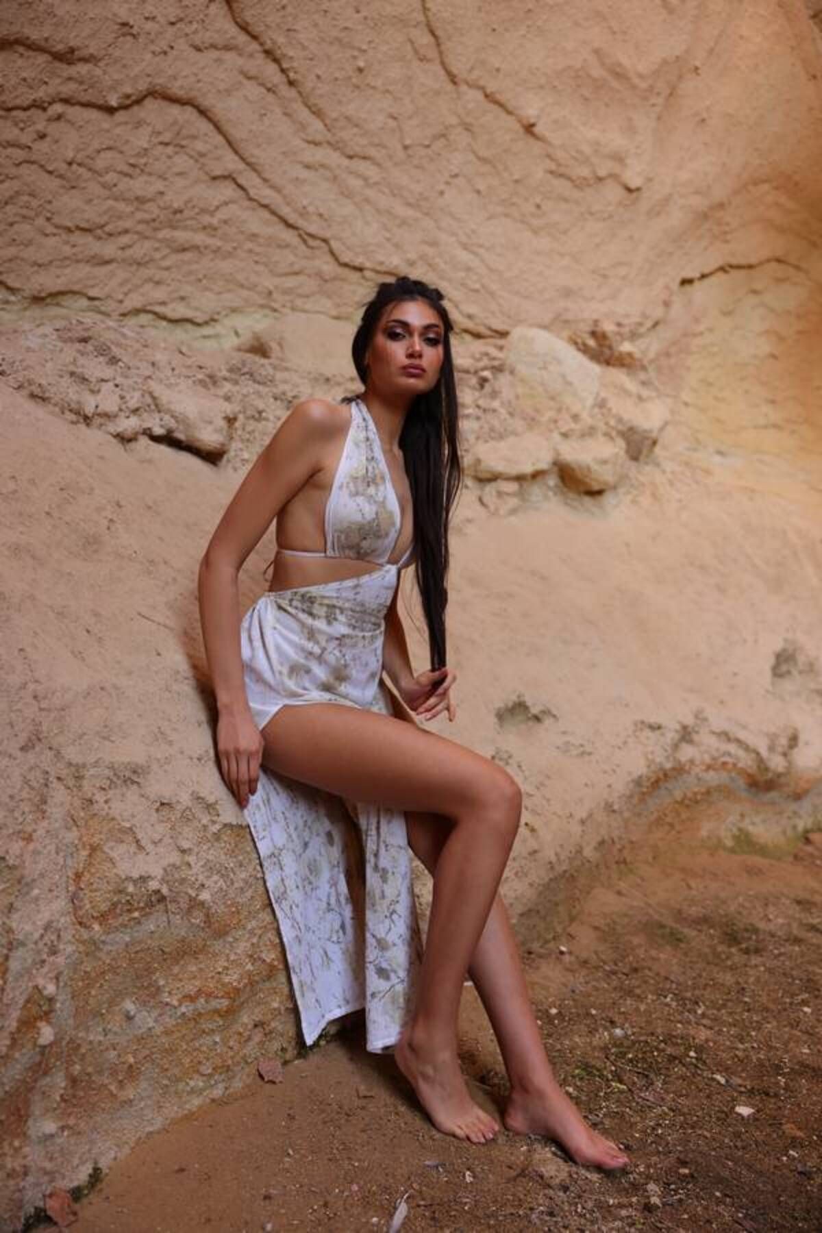 LARISSA ELBİSE-ECO PRINT ÇİFT YIRTMAÇLI ELBİSE