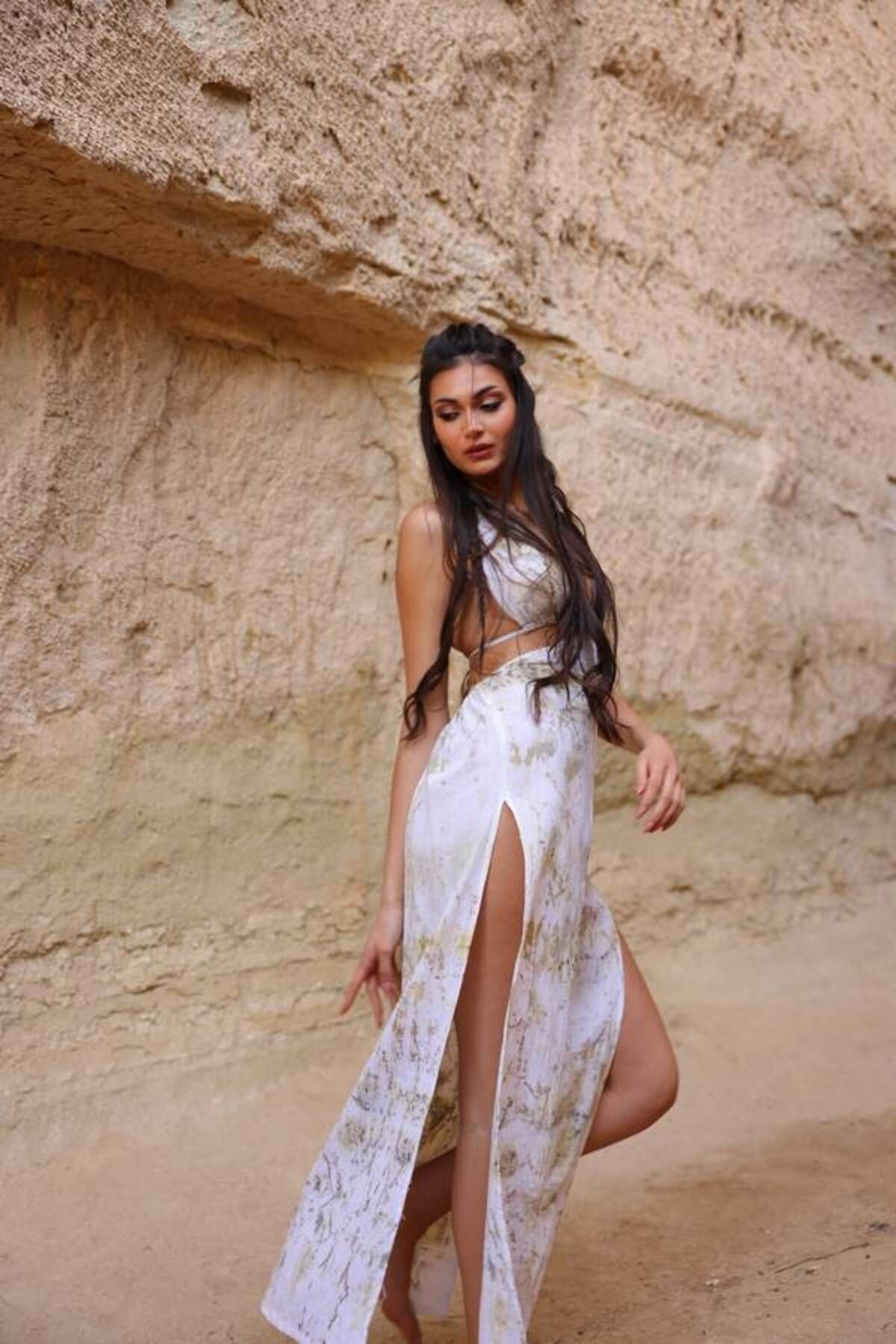 LARISSA ELBİSE-ECO PRINT ÇİFT YIRTMAÇLI ELBİSE