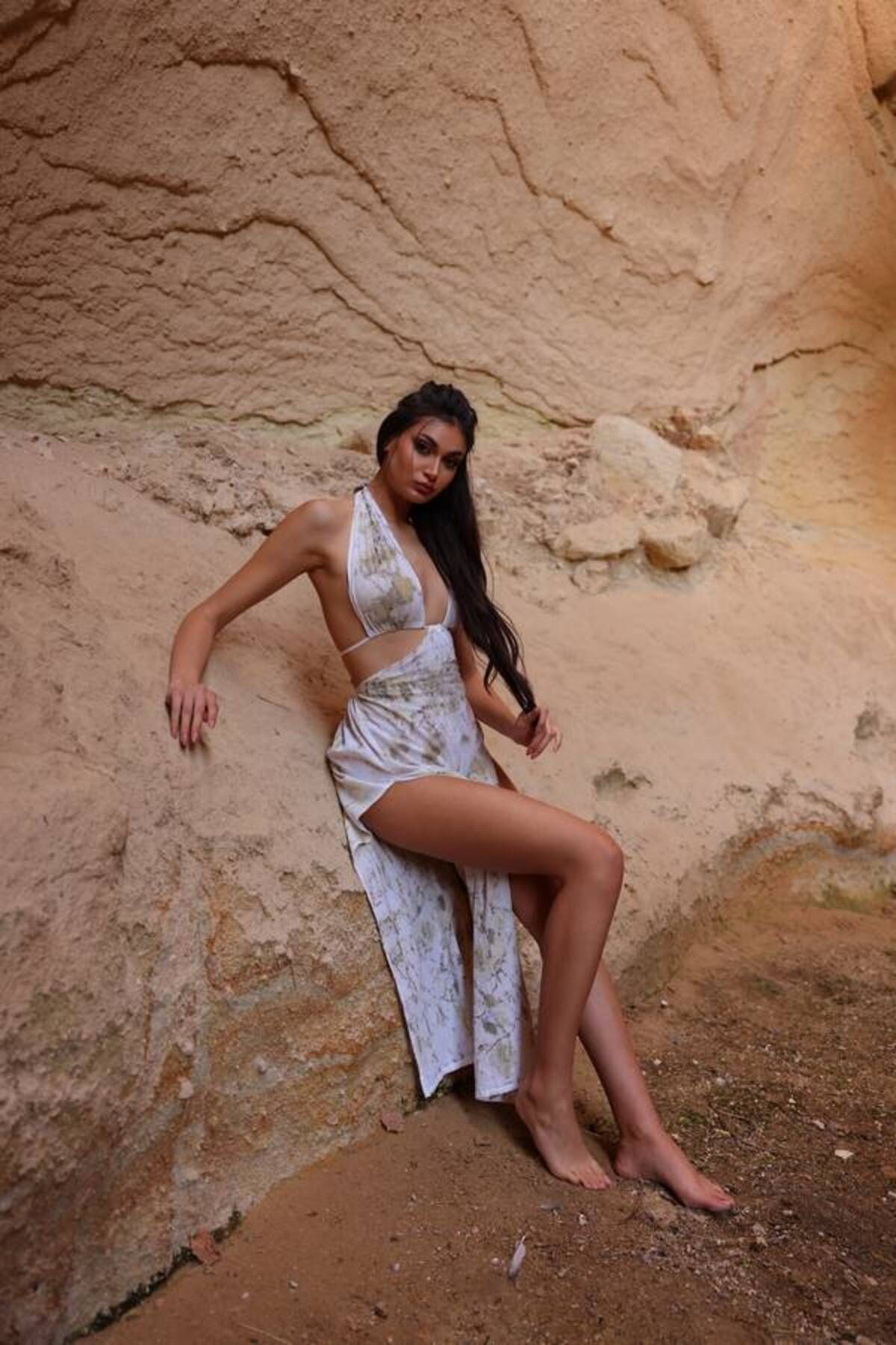 LARISSA ELBİSE-ECO PRINT ÇİFT YIRTMAÇLI ELBİSE