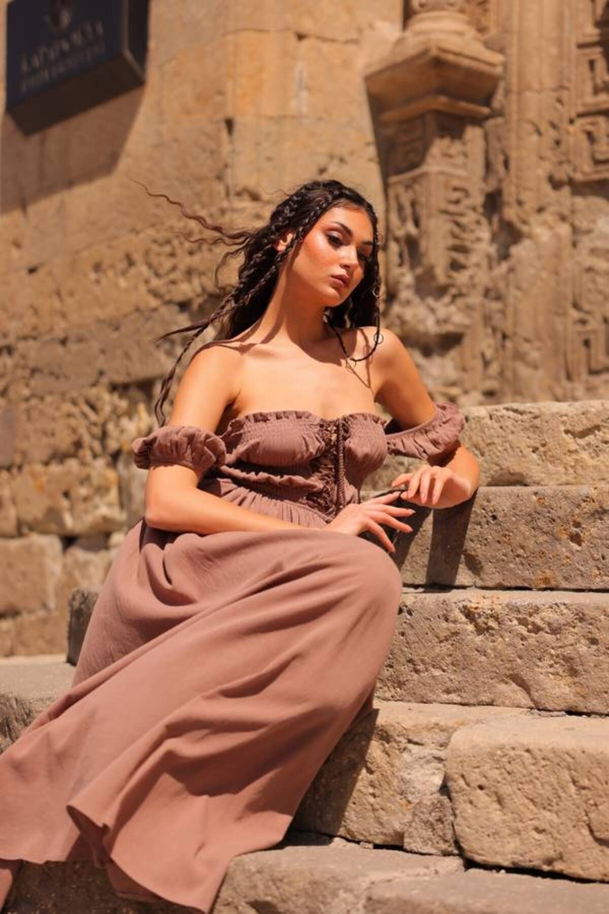 ANTEA ELBİSE-BALON KOL/STRAPLEZ PAMUKLU YAZLIK ELBİSE