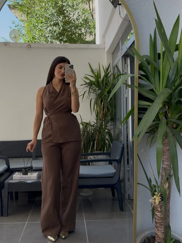 Kahverengi Kimono Pantolon Takım