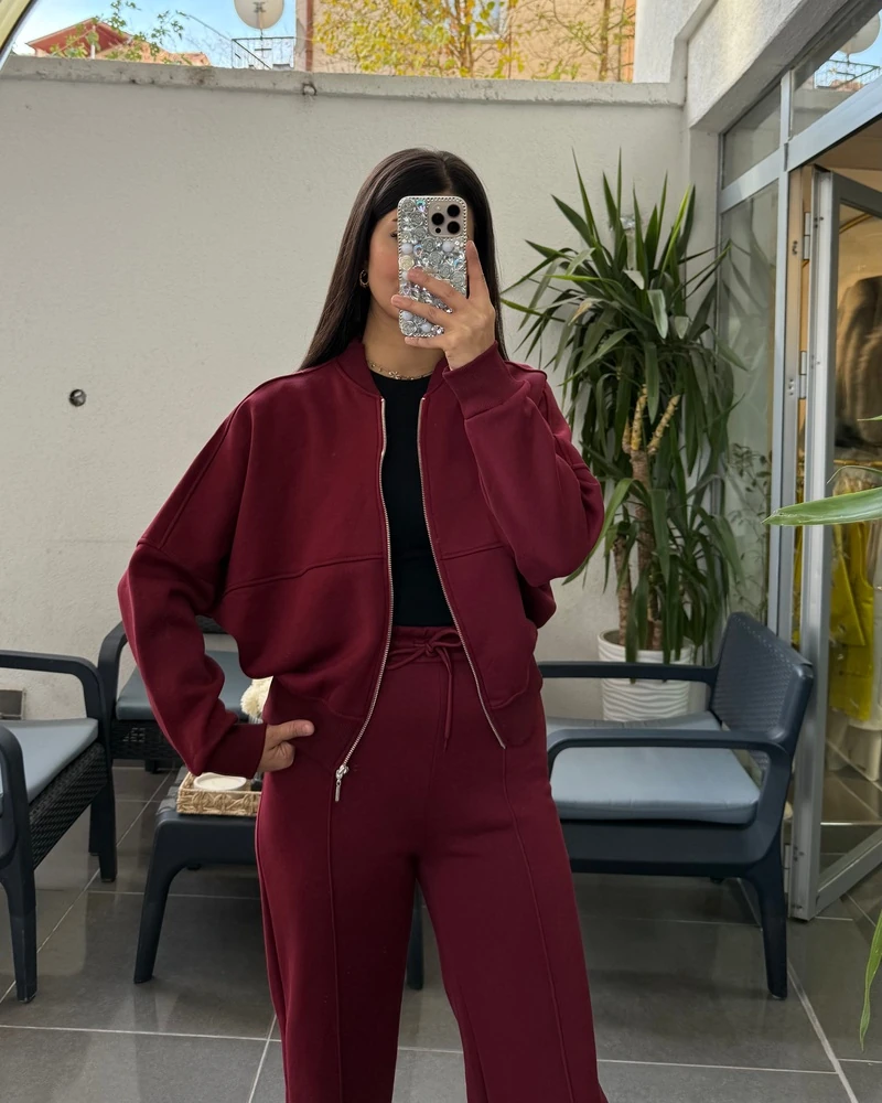 Şardonlu Çima Eşofman Takım - Bordo