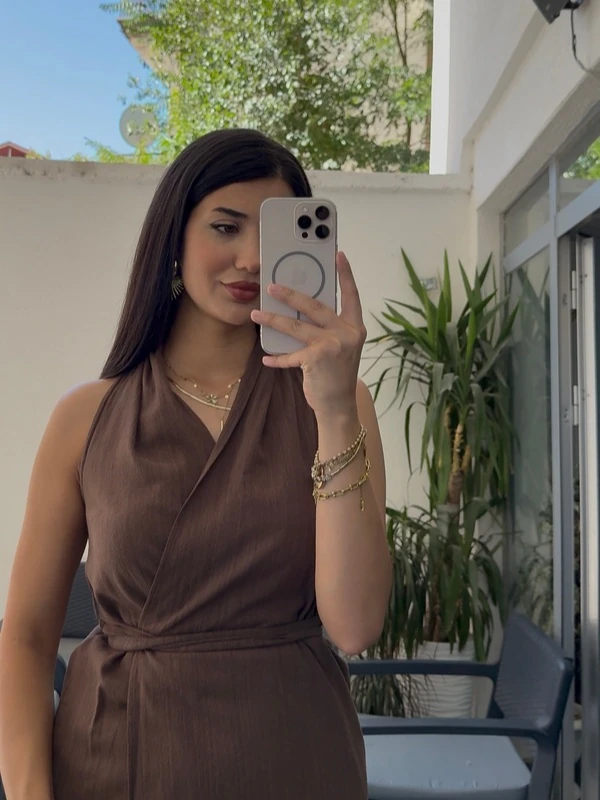 Kahverengi Kimono Pantolon Takım