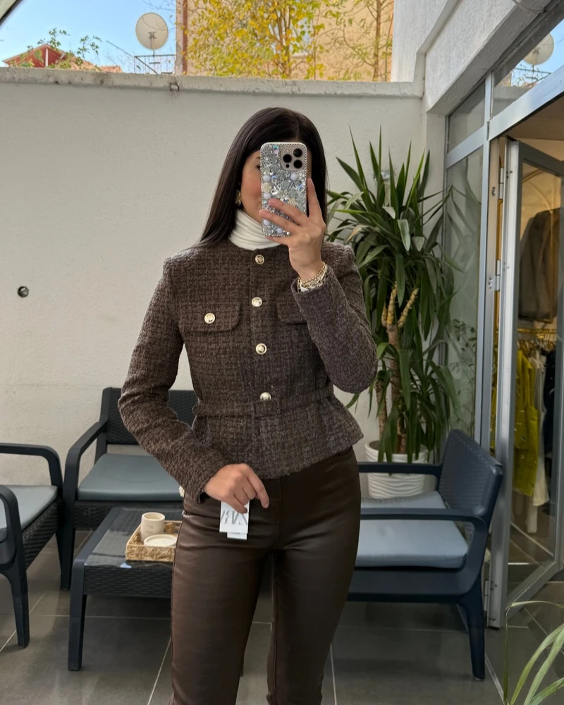 Tüvit Kemerli Ceket  - Kahverengi