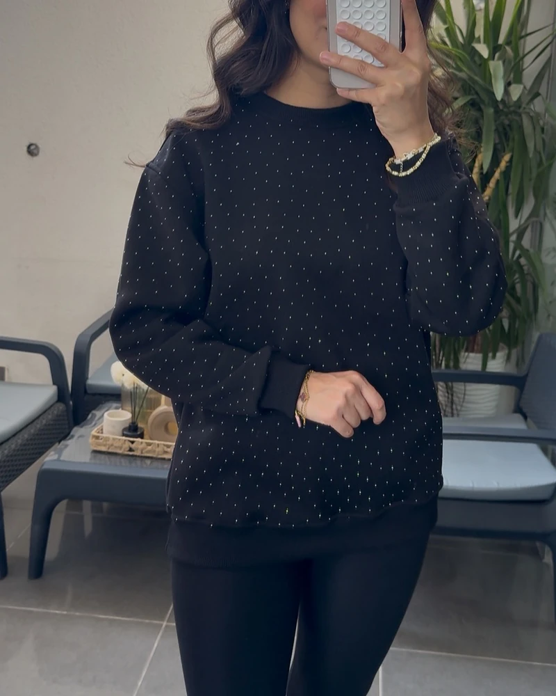 Taşlı 3 iplik Şardonlu Sweatshirt