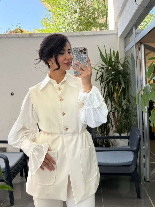 Ekru Gold Düğme Yelek Pantolon İkili Takım