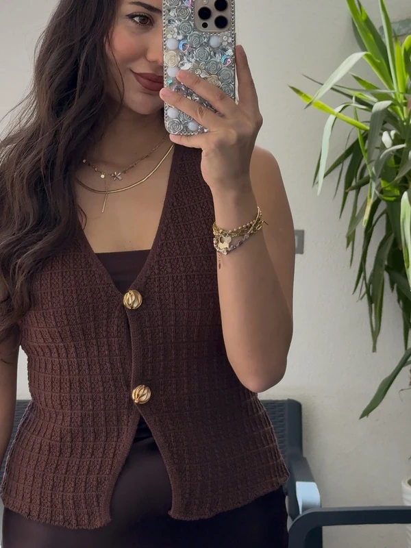 Gold Düğme Detaylı Yelek - Kahverengi