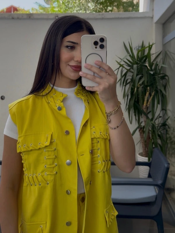 Sarı Dikiş Detay Jean Yelek