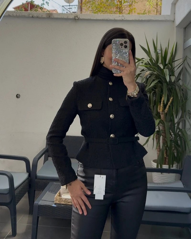 Tüvit Kemerli Ceket  - Siyah