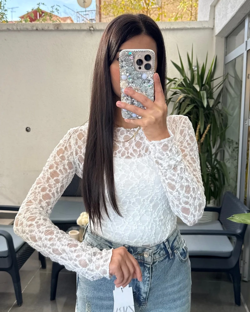 Dantel Uzun Kol Bluz - Beyaz
