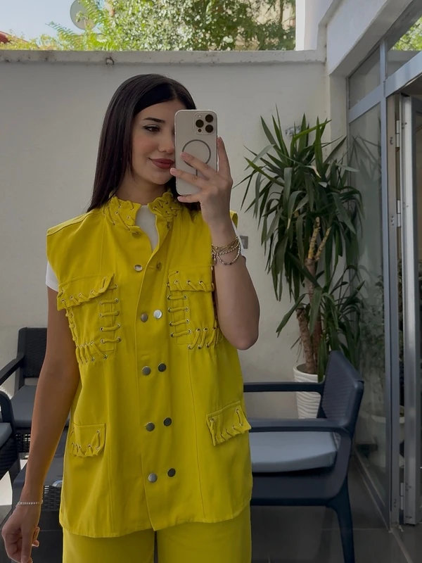 Sarı Dikiş Detay Jean Yelek