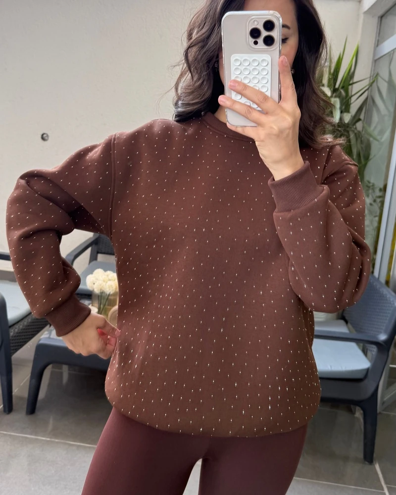 Taşlı 3 iplik Şardonlu Sweatshirt - Kahverengi