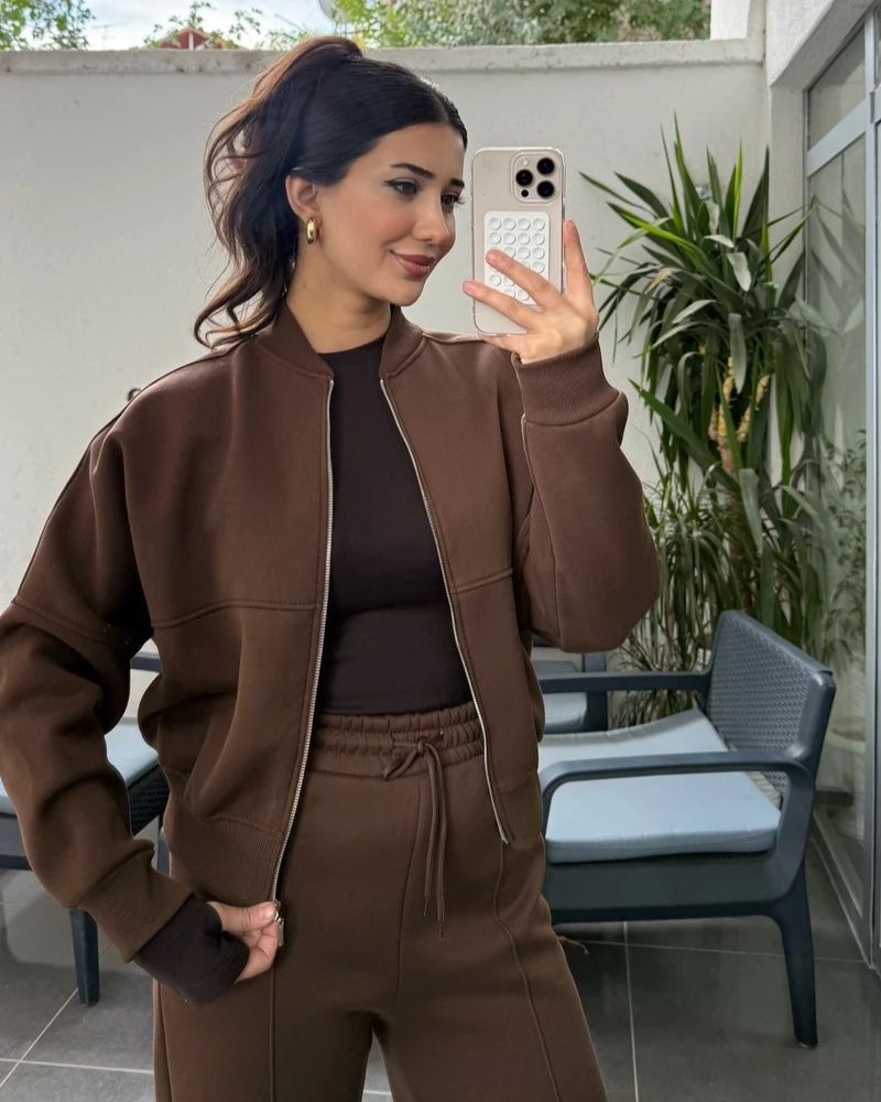 Şardonlu Çima Eşofman Takım - Kahverengi