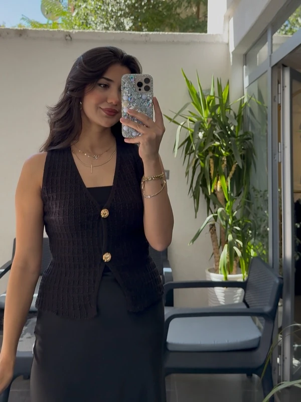 Gold Düğme Detaylı Yelek - Siyah