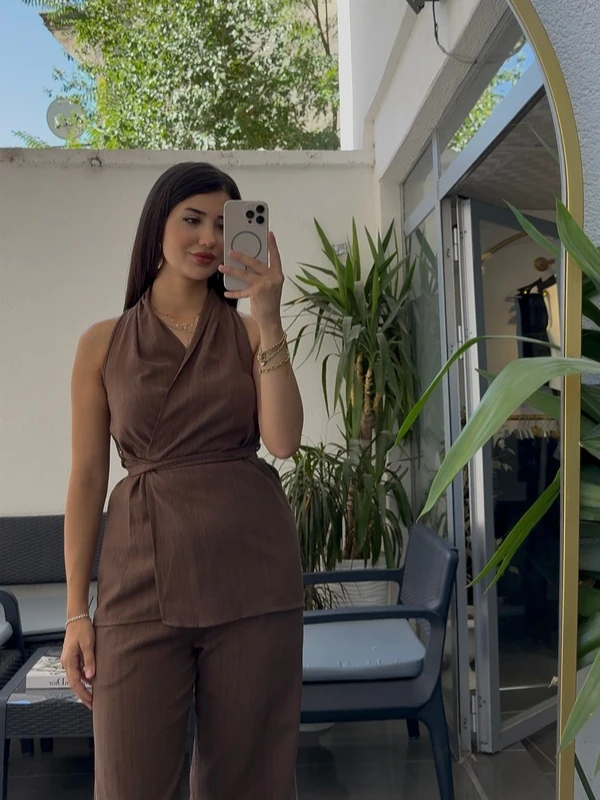 Kahverengi Kimono Pantolon Takım