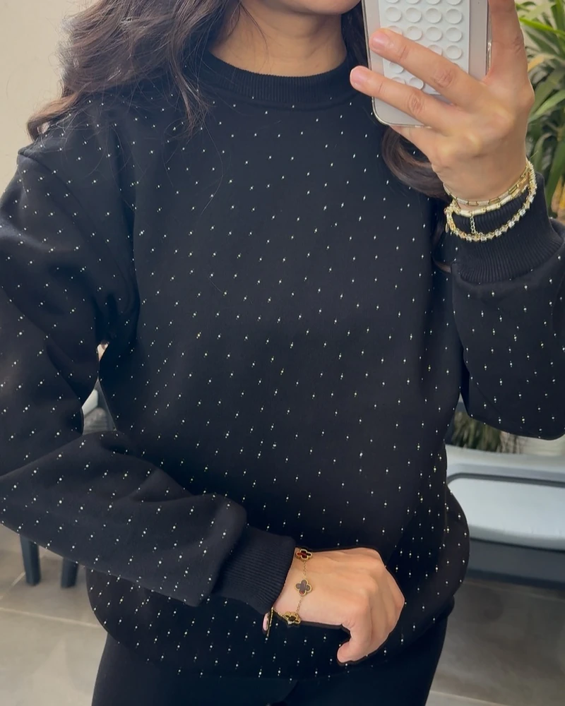 Taşlı 3 iplik Şardonlu Sweatshirt - Siyah