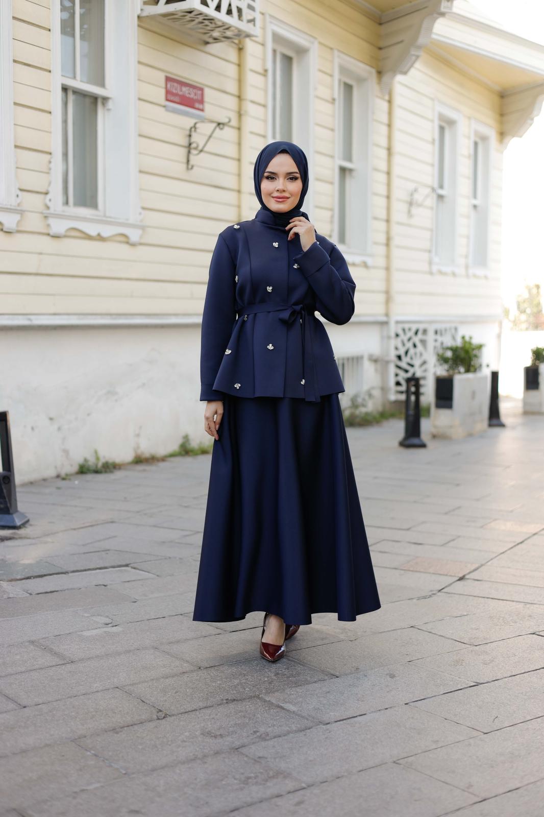 LACİVERT TAŞLI ETEK CEKET TAKIM