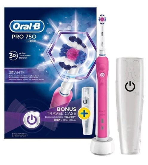 Oral-B Pro 750 Şarj Diş Fırçası 3D White Pembe + Seyahat Kabı ( 2452 )
