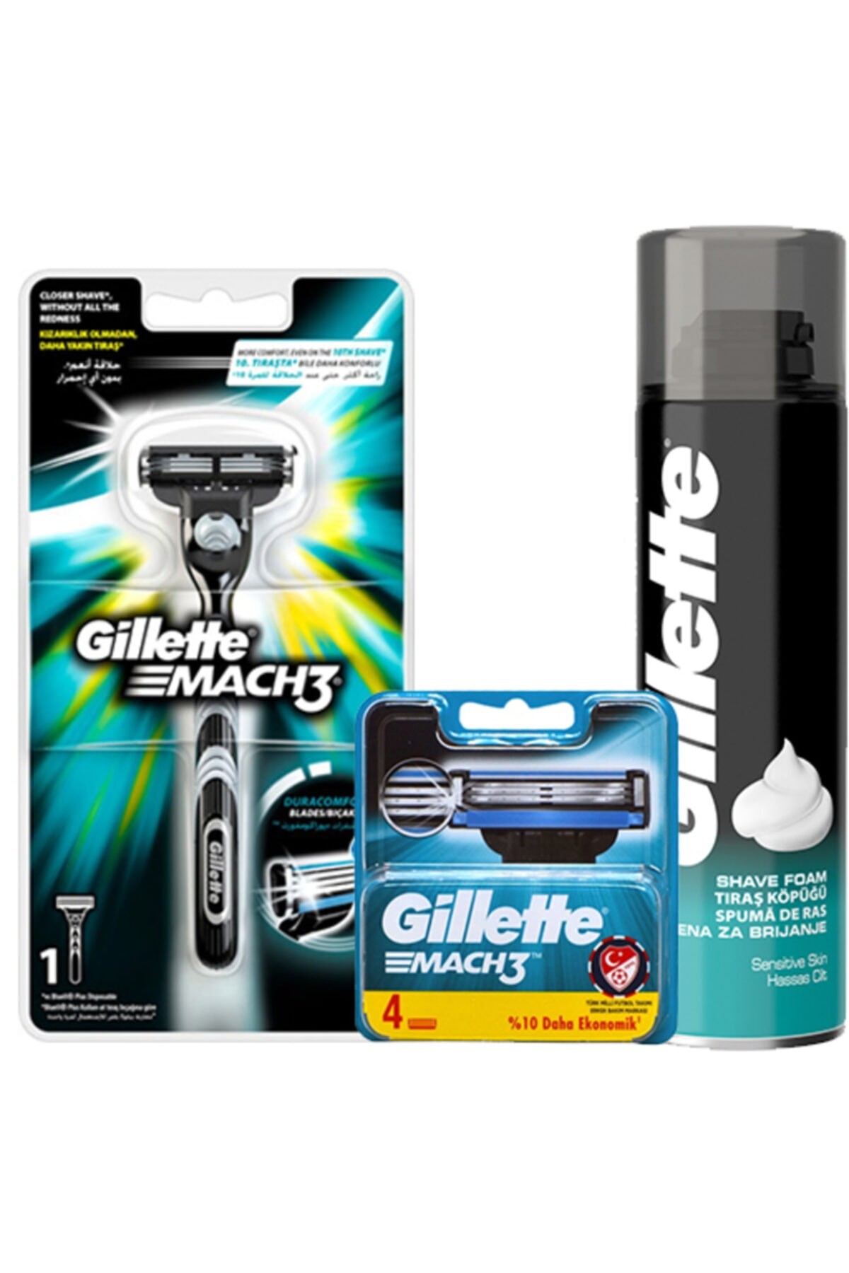 Gillette Mach3 Tıraş Makinesi 1up + 4 Yedek Tıraş Bıçağı + Tıraş Köpüğü 200ml