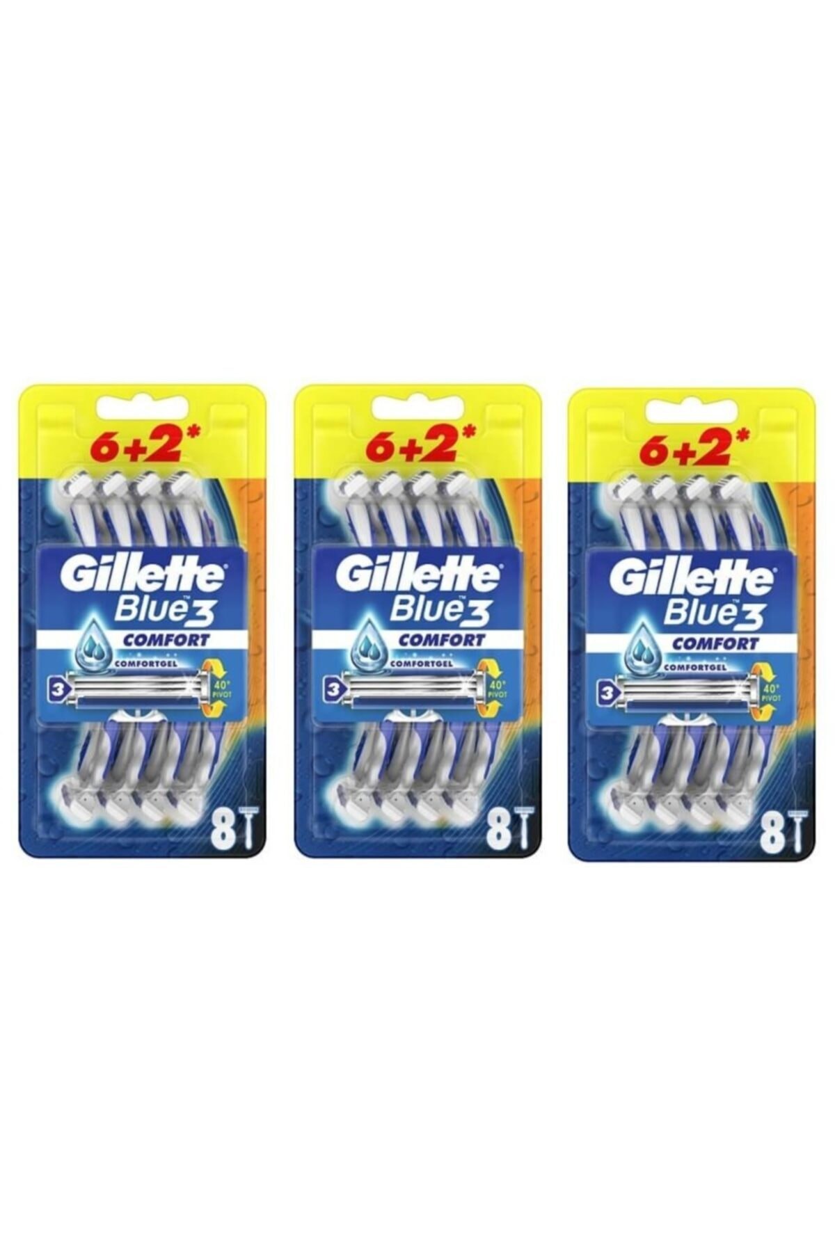 Gillette Blue3 Comfort Kullan-At Tıraş Bıçağı 8'li x 3 Paket