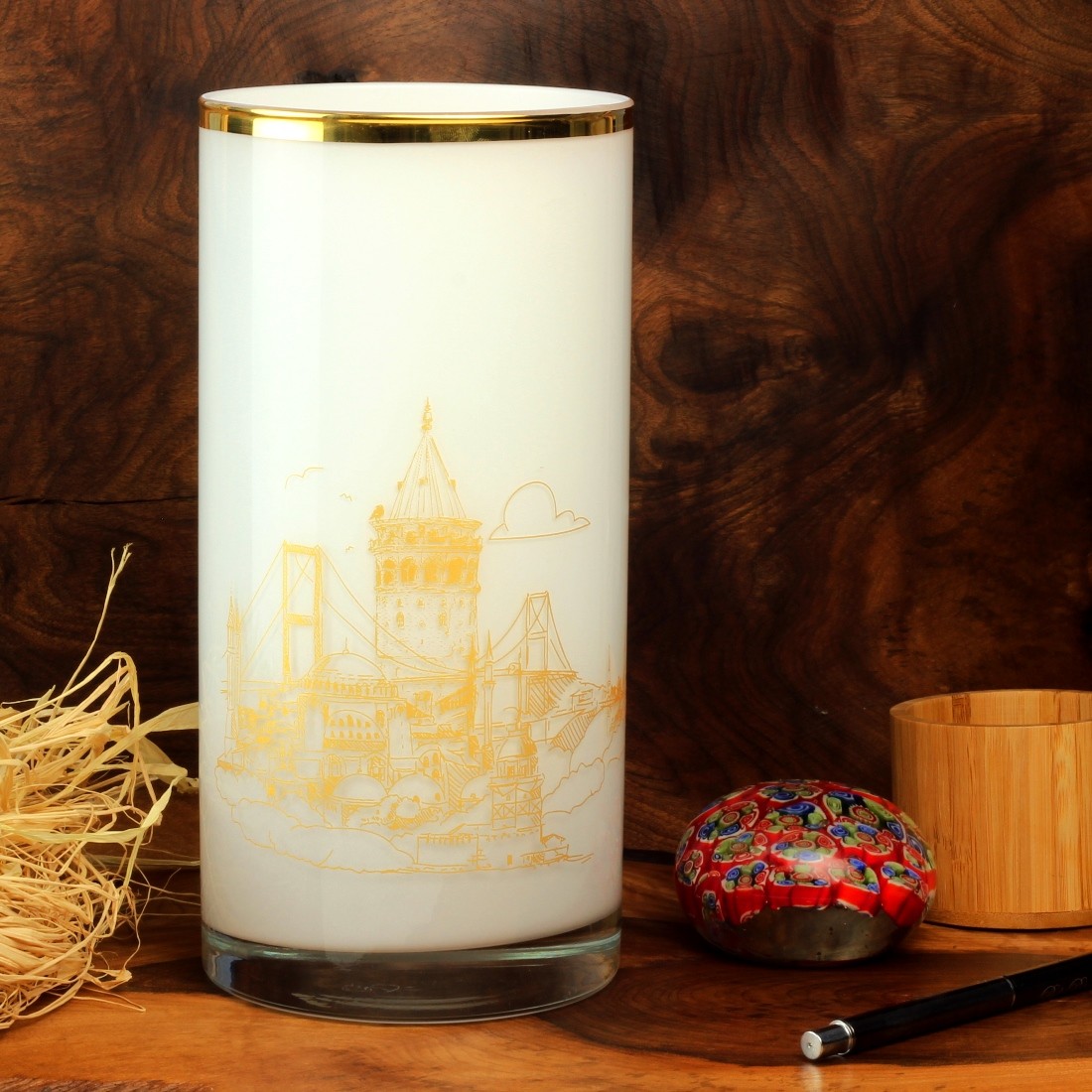 Istanbul Themed White Glass Vase