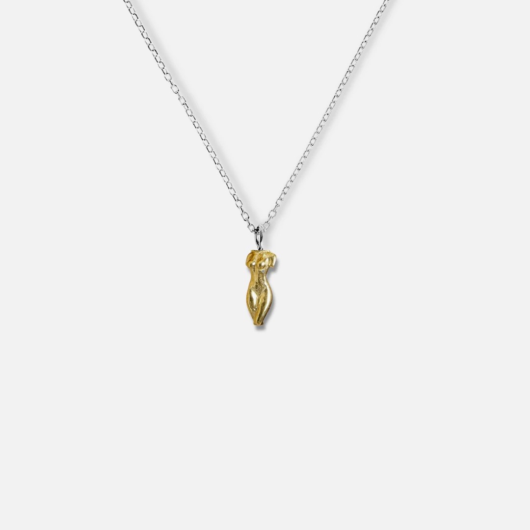 statue of a lady necklace - gold on silver