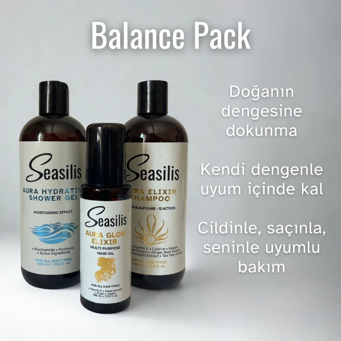 Balance Pack – Aura Elixir Şampuan, Saç Bakım Yağı ve Aura Hydrating Duş Jeli (3’lü Set)