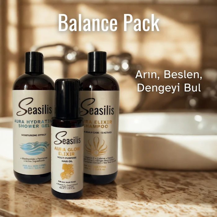 Balance Pack – Aura Elixir Şampuan, Saç Bakım Yağı ve Aura Hydrating Duş Jeli (3’lü Set)