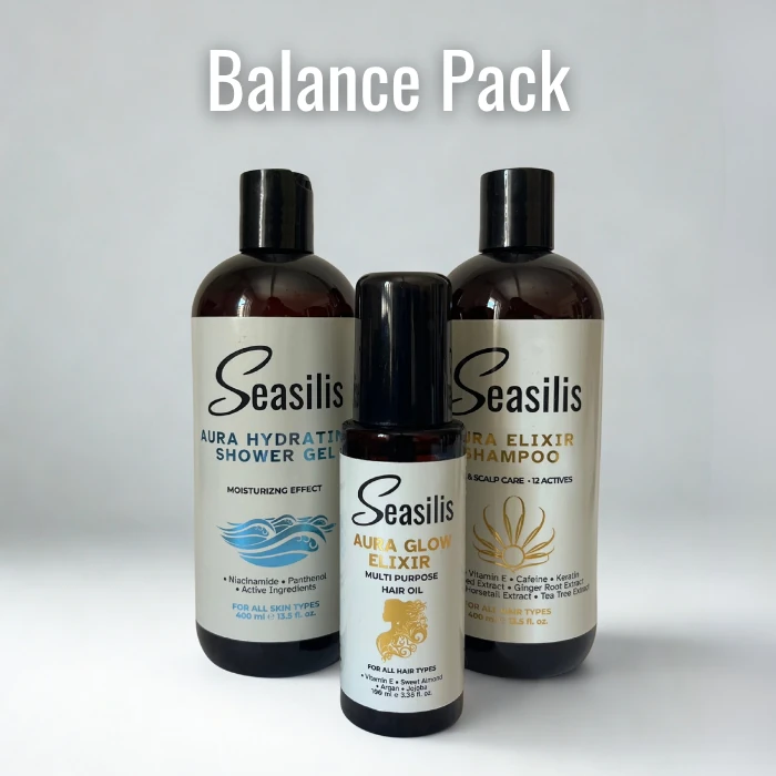 Balance Pack – Aura Elixir Şampuan, Saç Bakım Yağı ve Aura Hydrating Duş Jeli (3’lü Set)